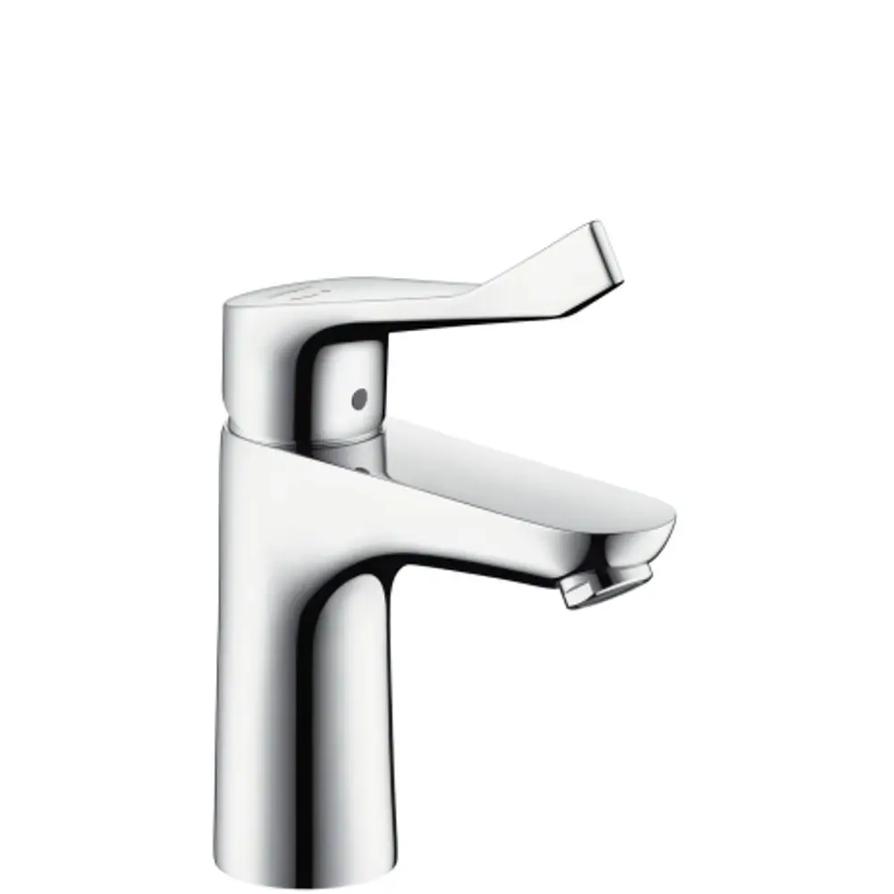 Chromfarbener Einhebel-Waschtischmischer von Hansgrohe mit länglichem Griff, geeignet für die Montage an einem Waschbecken, ohne Ablaufgarnitur sichtbar.